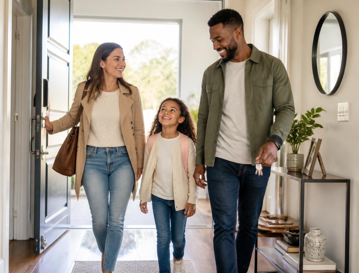A family walking back into their home after a locksmith visit