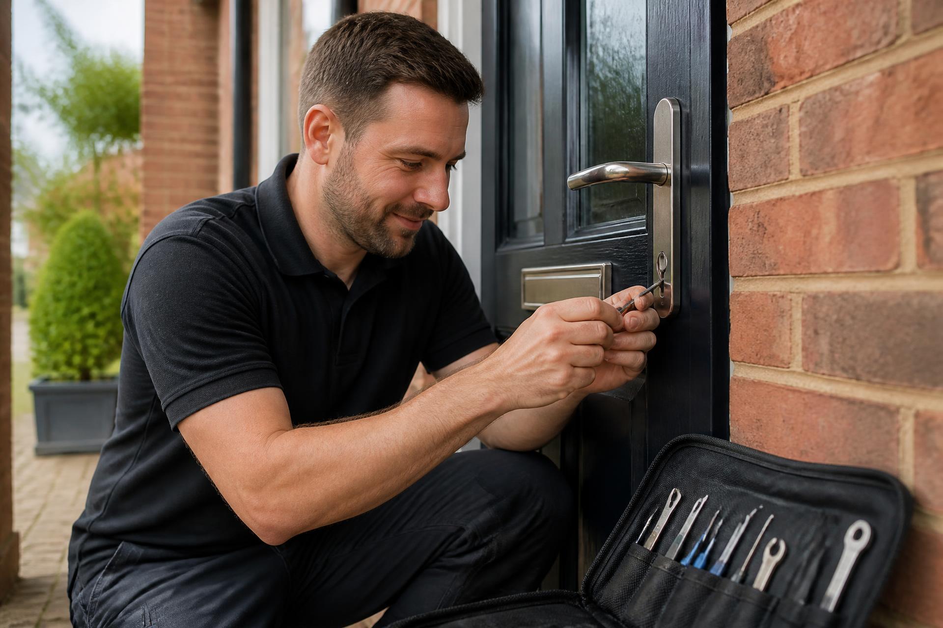 Locksmith Jack Revitt working on the lock of a residential front door in Olney