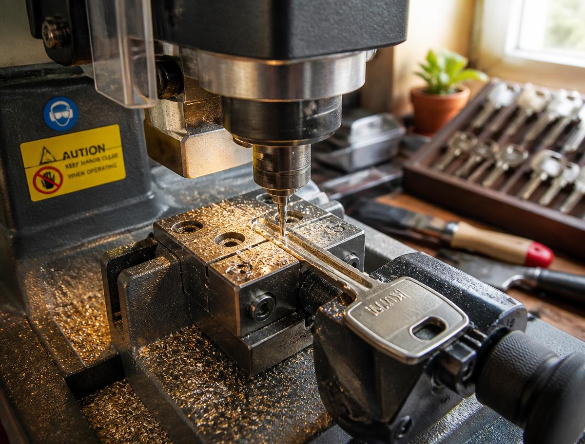 Modern key cutting machine duplicating a house key