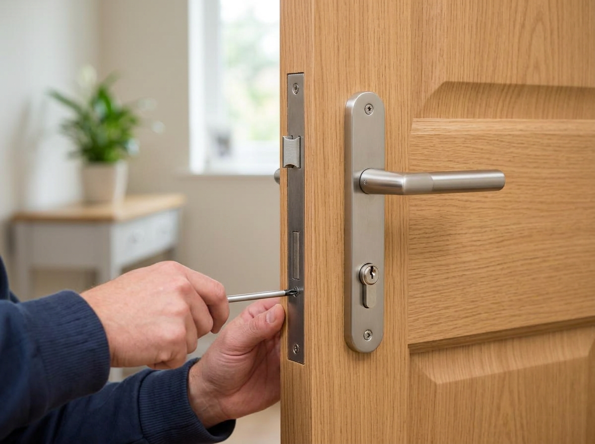Hand fitting a new British Standard lock into a wooden front door